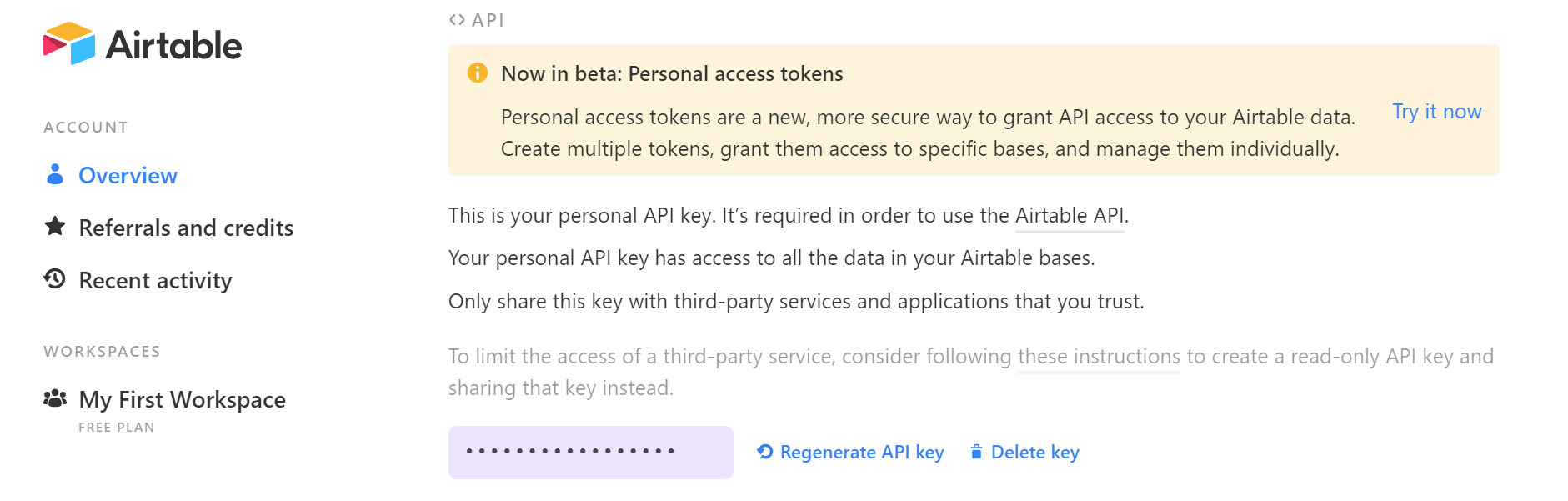 Create or retrieve Airtable API key for TaskRobin