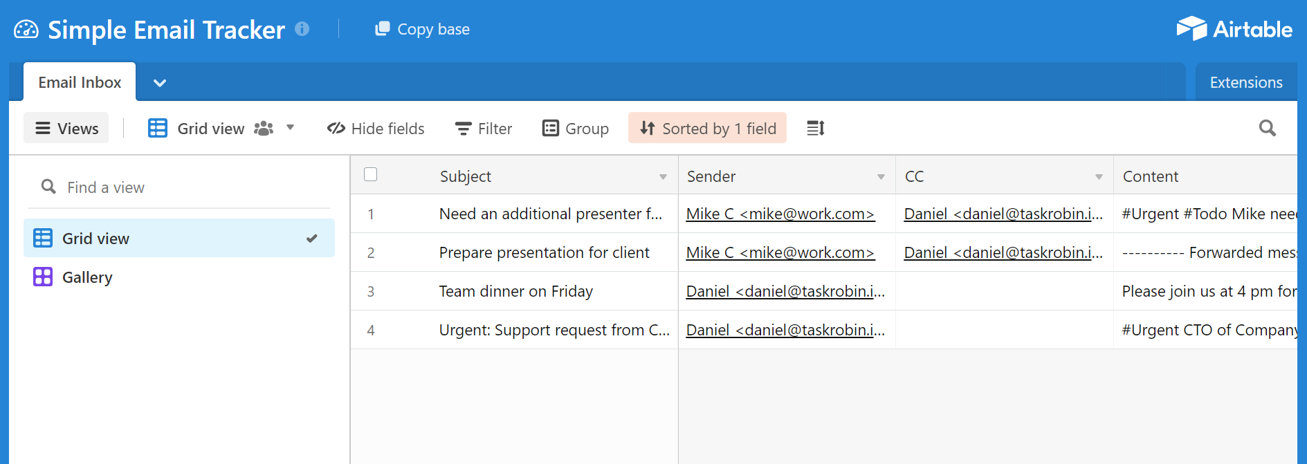 TaskRobin saves emails to Airtable