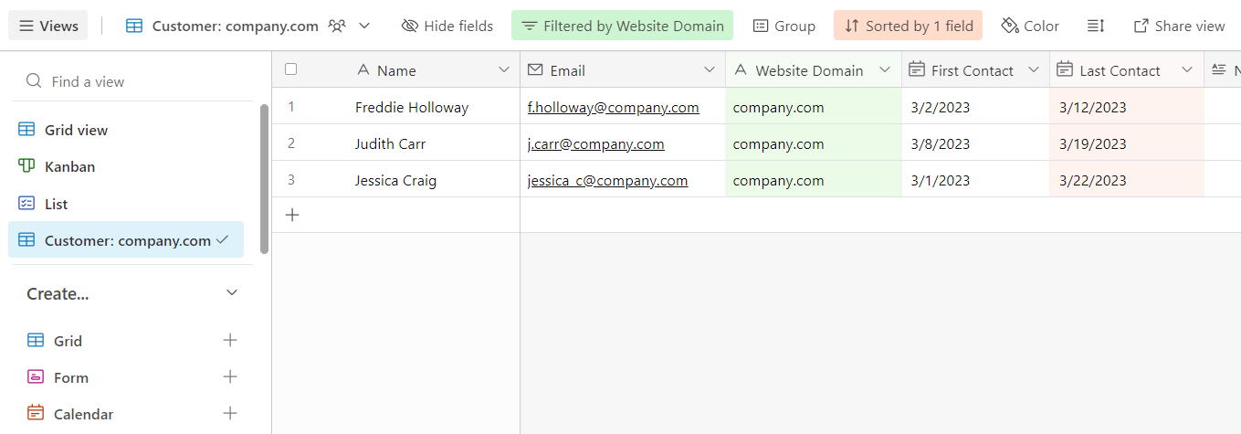 Email contacts from company sort and filter