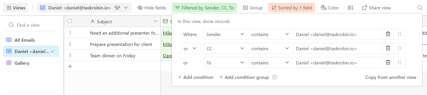Airtable filter emails by contact