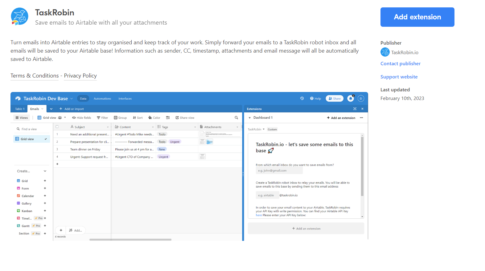 Airtable Marketplace listing for TaskRobin extension