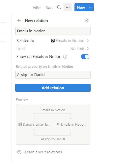 Relation property to Emails in Notion database